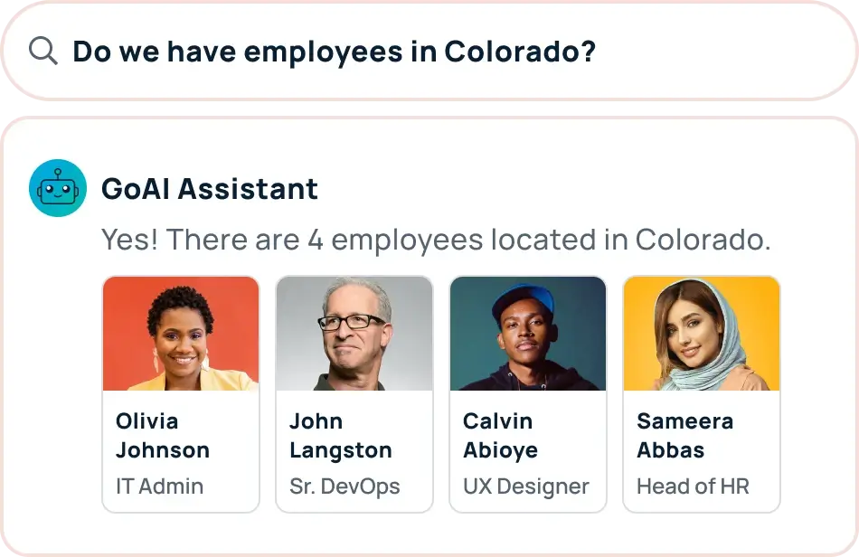 Unlike Pingboard, generative AI natural language employee search powers GoProfiles